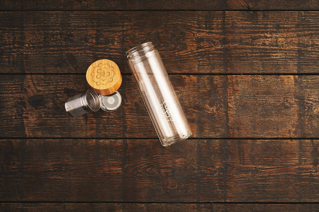 The Fortune Glas Teeflasche mit Schutzhülle